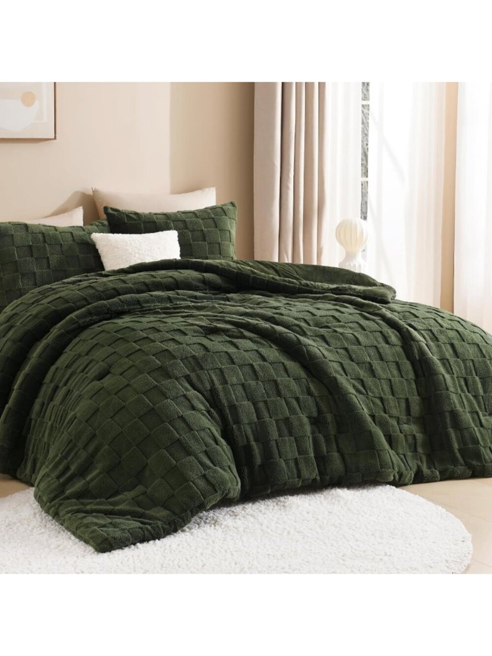 Cozy Olive Green Fluffy Queen Comforter Set, 3-Piece Warm Fleece Bedding